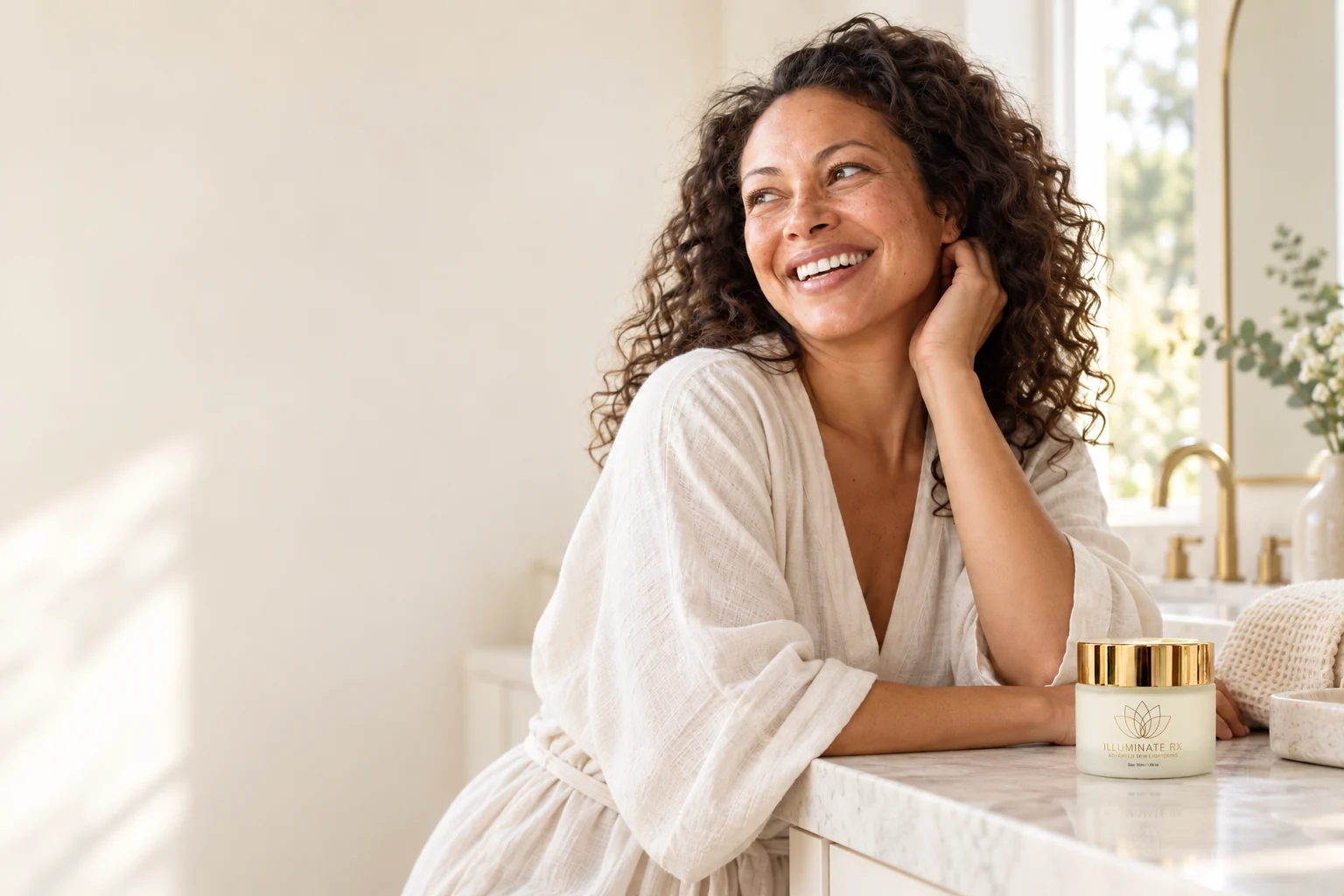 A woman beside an Illuminate Rx jar on a bathroom counter in natural light.